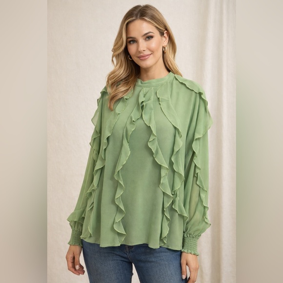 Chic Green Ruffle Blouse - Picture 1 of 8